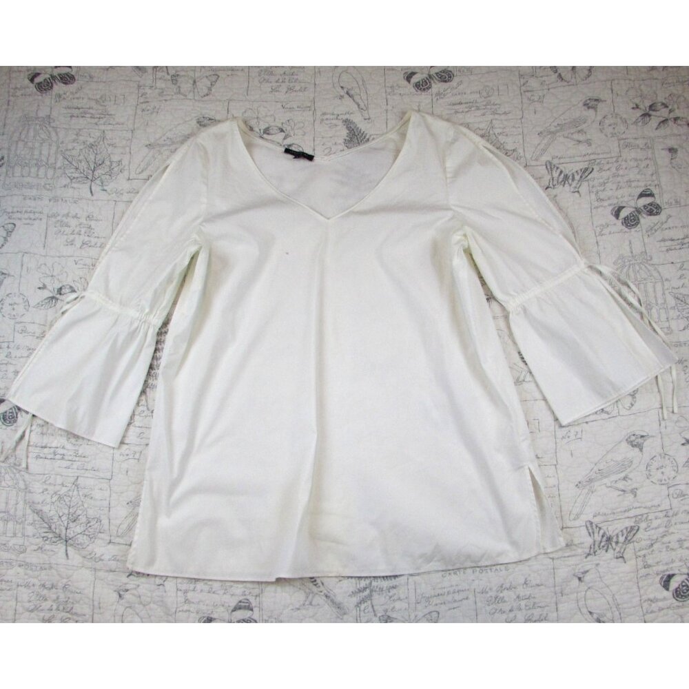 Lafayette 148 Womens stretch cotton White V Neck Tunic Top Bell Slv Tie L - Picture 4 of 5